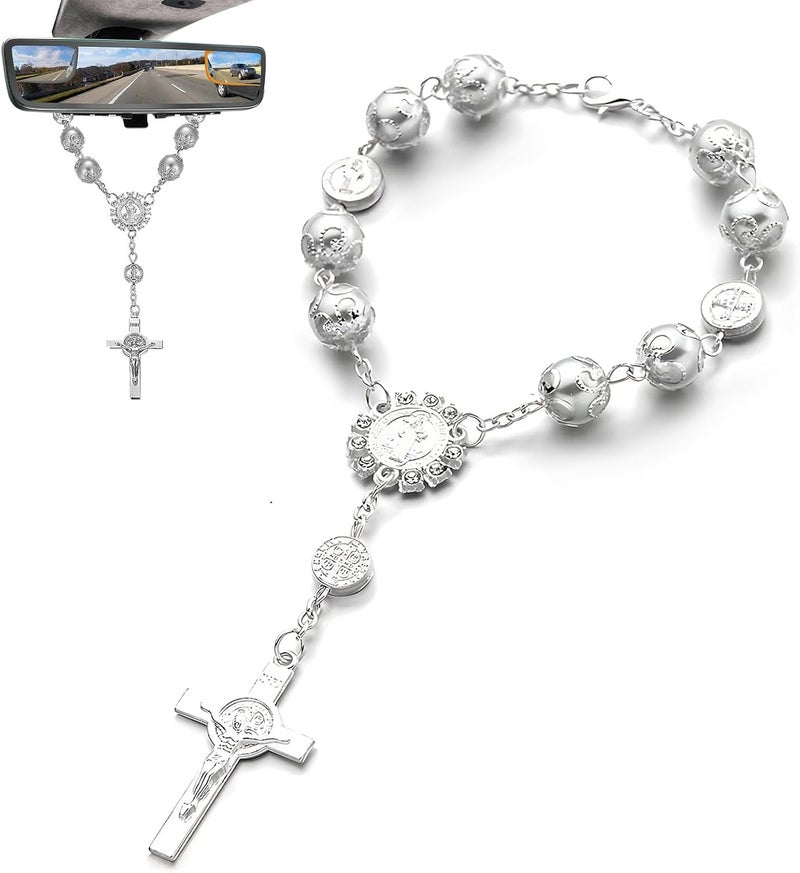 SHMZK Car Rosary for Rearview Mirror, Personalized Blessing Hanging Pendant for Car Rear View Mirror, Cross Rosary Ornament Interior Decor for Most Vehicles, Car Accessories (Silver) - Image 1